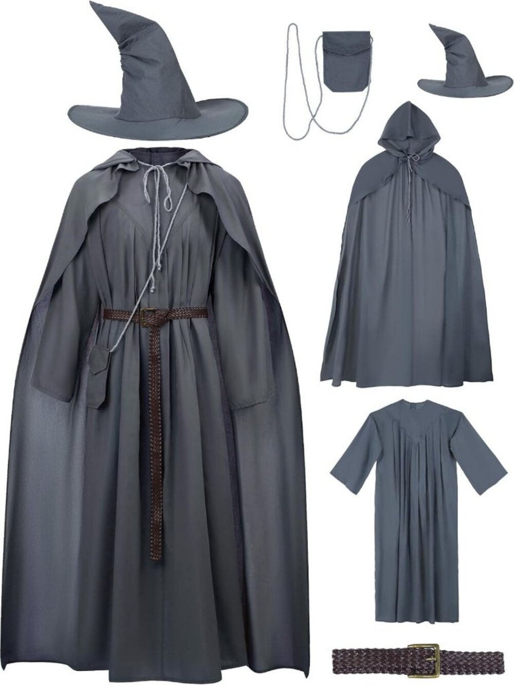 Men's 5PC Gray Sorcerer Costume Set - Adult Halloween Cosplay Robe & Accessories
